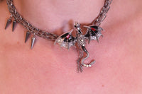 Gothic Dragon Chain Choker Necklace – Silver Spiked Metal Collar with Winged Dragon Pendant