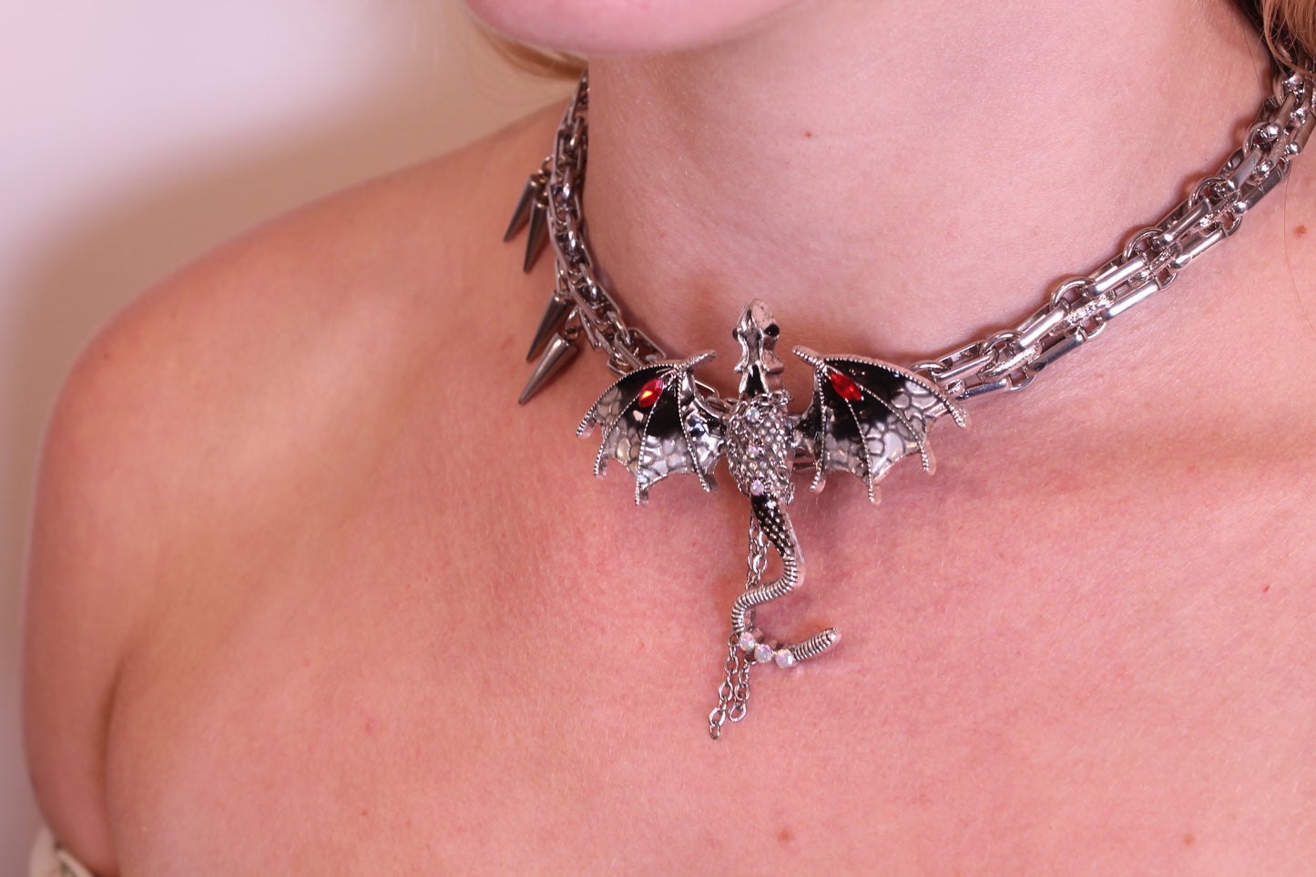 Gothic Dragon Chain Choker Necklace – Silver Spiked Metal Collar with Winged Dragon Pendant