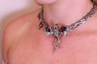 Gothic Dragon Chain Choker Necklace – Silver Spiked Metal Collar with Winged Dragon Pendant