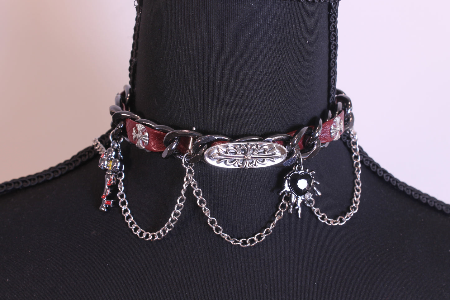 Gothic Y2K Black Heart Chain Choker Necklace – Silver Cross & Layered Metal Chains