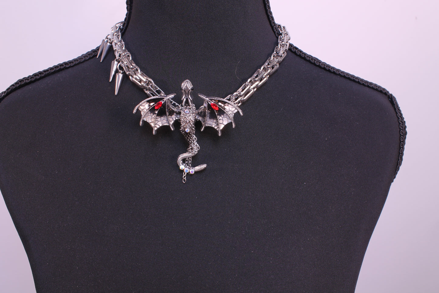 Gothic Dragon Chain Choker Necklace – Silver Spiked Metal Collar with Winged Dragon Pendant